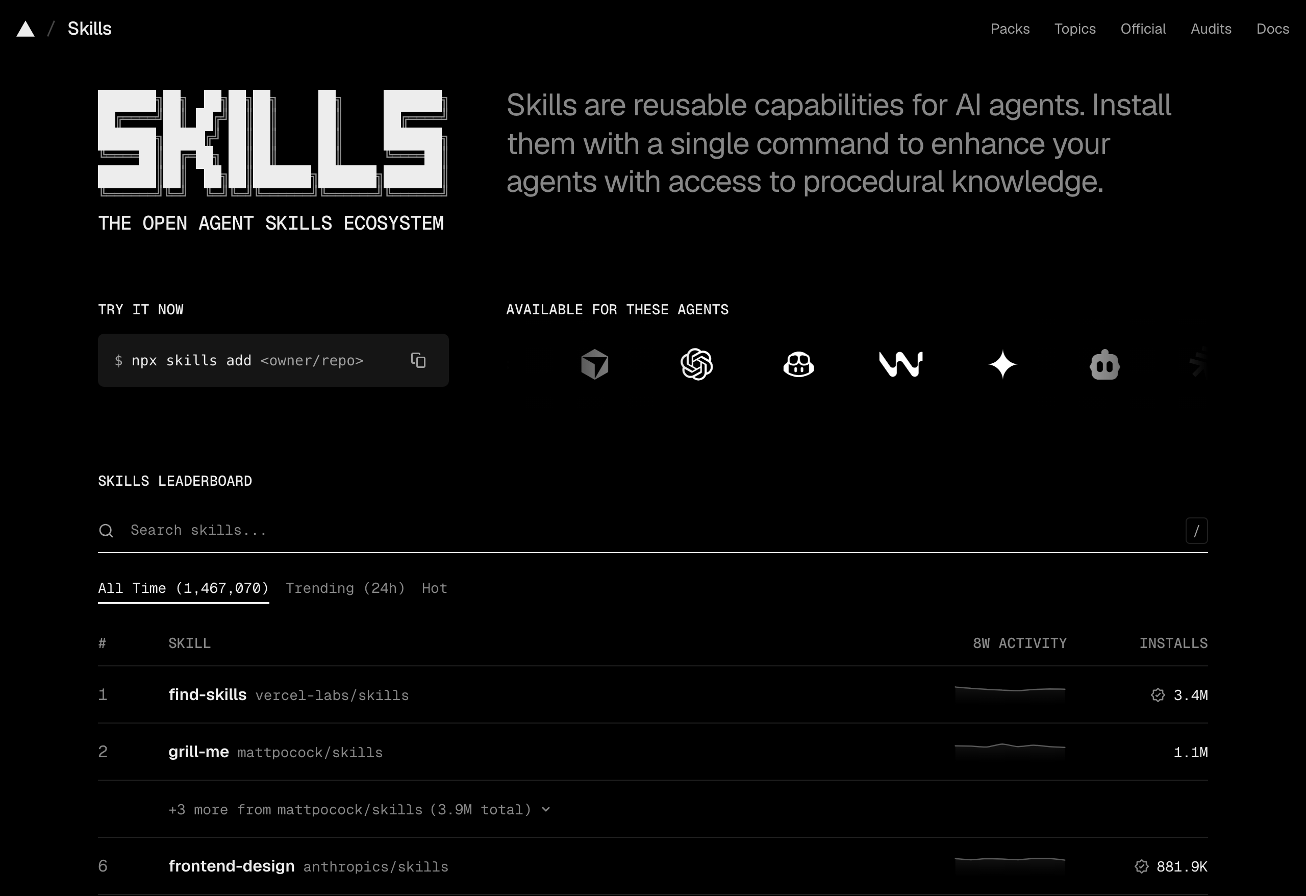 skills.sh의 스킬 순위 화면