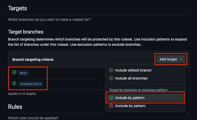 규칙이 적용될 대상 브랜치 선택