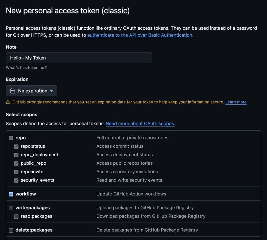 New personal access token (classic)