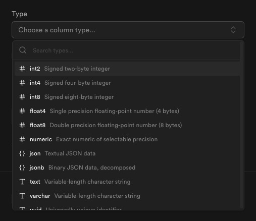 Supabase Table Data Type